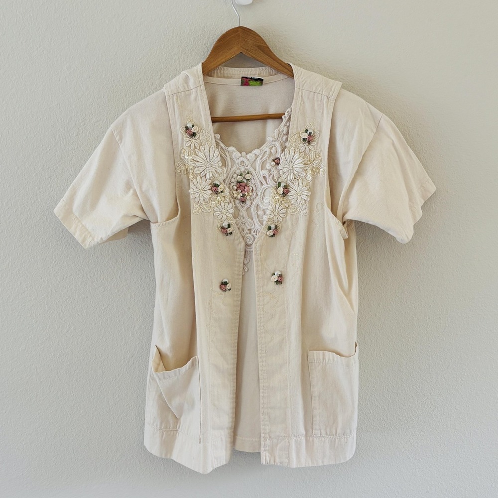 Vtg Cactus‎ California Top Vest Set Womens L Lace Floral Cottage Coastal Cowgirl